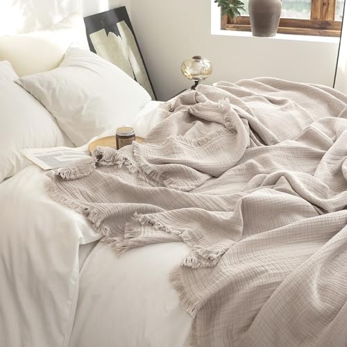 FOSSA Muslin Blanket with Fringe - 4-Layer 100% Cotton Gauze Super Soft & Breathable Throw -Lightweight Decorative Cooling Blanket for Bed, Sofa, Office -Twin XL Size 90" × 66" (Beige Gray) - color: Beige Gray, size: Twin XL (66" × 90")