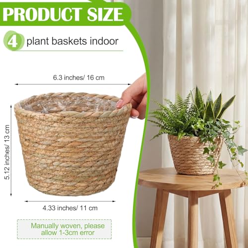 4 Pcs Straw Plant Baskets Indoor Rattan Woven Flower Baskets with Plastic Liner, Cattail Plant Planter for Indoor Outdoor Rustic Boho Home Farmhouse Floor Potted Pots Decor - color: Natural, size: S(6.3" Top D X 4.3" Bottom D X 4.3"h), style: Cattail