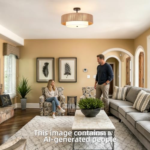 Bohemian Wicker Flush Mount Ceiling Light, 19.7" Double Drum Jute Rope Farmhouse Hanging Pendant Light Fixture, Hand-Woven Semi-Flush Mount Design for Bedroom, Living Room, Dining Room & Entryway - color: 19.7'' Hemp rope&Fabric Gold