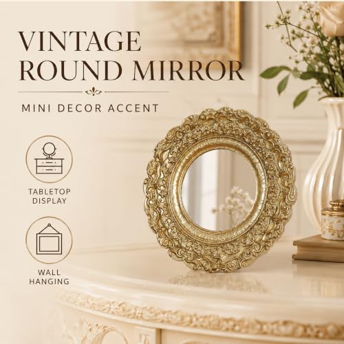Golden Mini Vintage Mirror with Exquisite Relief Elegant Wall Decor for Bedroom Dresser Table Compact Resin Retro Design (Gold Round, 5X5) - color: Gold Round