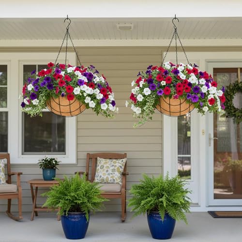 4 Pack 14 Inch Hanging Baskets for Plants Outdoor Metal Hanging Planter Basket with Coco Coir Liner Hanging Flower Baskets Hanging Flower Pots Holder for Garden, Patio(Earth) - size: 14 Inch, style: Country Rustic