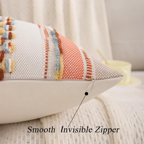 Boho Tufted Throw Pillow Covers 18x18 Set of 2 Stripe Decorative Pillow Cases Accent Chenille Pillowcases Farmhouse Cushion Case Nuetral Textured Pillow Cover Fall Autumn Home Decor,Orange - color: Orange Stripe, size: 18" x 18" (Pack of 2)