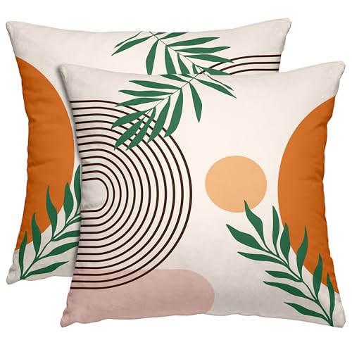 Boho Mid Century Throw Pillow Covers 18x18 Inches Modern Geometric Abstract Art Pillow Case Set of 2 Soft Velvet Couch Pillows Cushion Cover for Bed Sofa Living Room (Orange, 18" x 18") - color: Orange