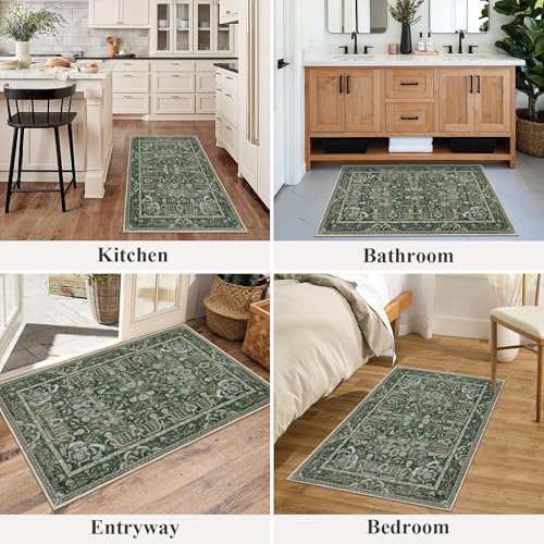 U'Artlines Entryway Rug 2'x3' Non Slip Washable Indoor Door Mat Ultra Soft Kitchen Floor Rugs with Rubber Backing Small Boho Area Carpet for Bedroom Laundry Bathroom(Green＆Beige) - color: Green＆beige, size: 2' x 3' (Runner)