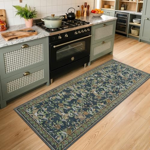 jinchan Eden Floral Washable Runner Rug 2x5 Vintage Hallway Rug Non-Slip Lightweight Soft Thin Kitchen Low Pile Distressed Blue Green Carpet for Bathroom Laundry Room Bedroom Entryway - color: Eden Dark Blue, size: 2' x 5' (Runner)