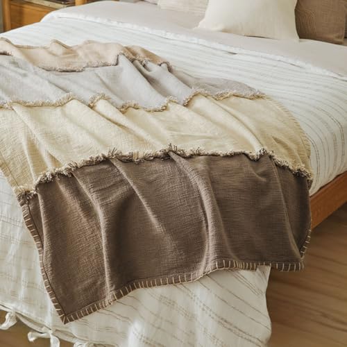 Calm Stitchscape Fringe Throw Blanket 55x60, Beige Cotton Decorative Sofa and Bed Blanket with Fringe Detail, Lightweight All-Season Throw, Handwoven in India, Oeko-TEX Certified - color: Multicolor, size: Throw (55" x 60")