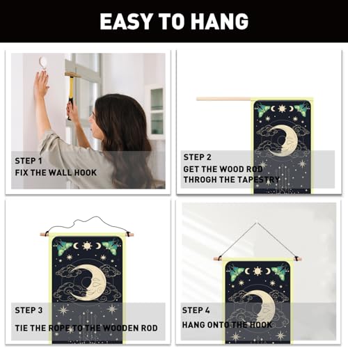 PLIGREAT 2 Pack Sun Moon Wall Tapestry, 52" x 13" Green Moth Vertical Tapestry with Tassels Aesthetic Cloud Star Wall Hanging for Bedroom Living Room Dorm Room Black Long Narrow Art Decor - color: green,black