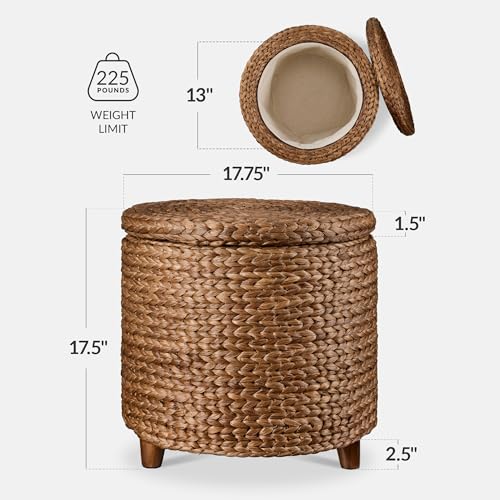 Best Choice Products 17" Round Storage Ottoman W/Lid, Handwoven Water Hyacinth Footstool, Footrest w/Wooden Legs, Accent Side Table, Storage Container, Plant Stand - Chestnut - color: Chestnut