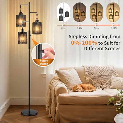 Hotsonic 72" Tall Boho Rattan Style Floor Lamp with Hand-Woven Paper Cord Shade, Dimmable Industrial Tree Standing Lamp for Living Room, Bedroom, Study Room, Office (3 x 800LM Bulbs Included) - Black - color: Black