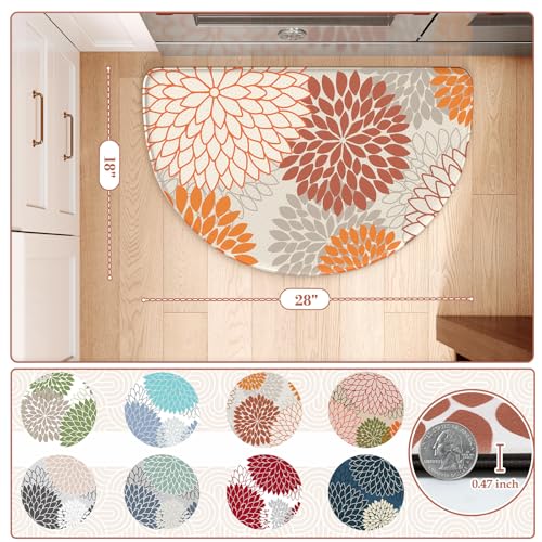 KIMODE Half Circle Kitchen Mats for Floor Cushioned Anti Fatigue,18" x 28" Semi Round Dahlia Boho Kitchen Rug Non Slip,Waterproof Kitchen Carpet Decor Standing Mat for Sink Laundry Bathroom,Orange - color: Multi Orange, size: 28" x 18" (1 PC)--0.47 inches