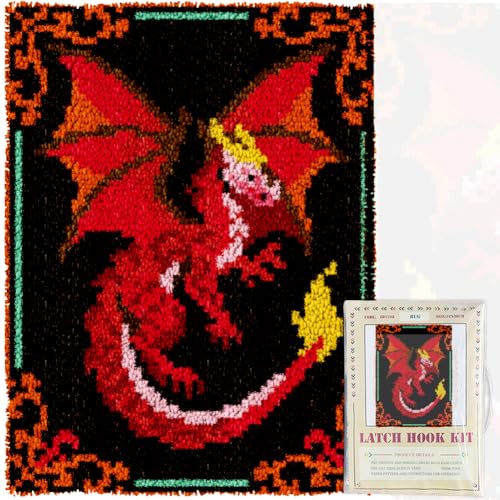 ORIGACH Dragon Latch Hook Rug Kit for Adults Printed Rug Making Kit Handmade Carpet Tapestry Cover with Hook Latch and Preprinted Canvas, Home Arts Crafts Sofa Decor, 20.5x15inch - style: Dragon