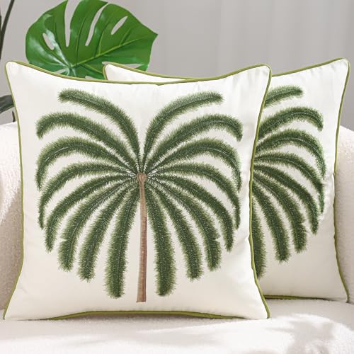 LUOYEHK Summer Embroidered Throw Pillow Covers 18x18 Inch Set of 2 Green Tropical Palm Tree Pillow Cover Spring Farmhouse Decorative Pillowcase Square Cushion Covers for Couch Sofa Bed Home Decor - color: Green Coconut Tree