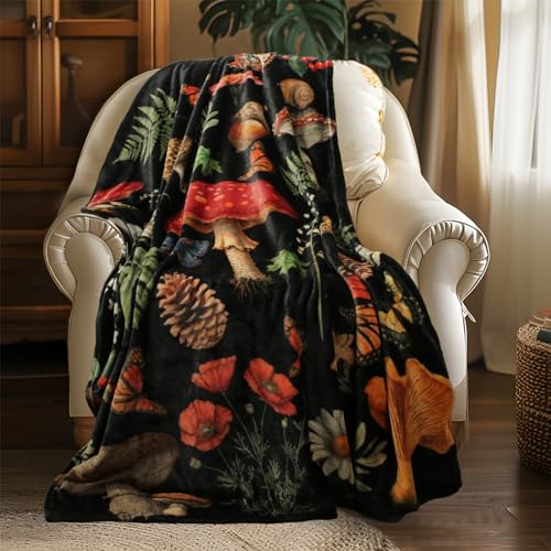 MACEVIA Mushroom Blanket for Couch, Flannel Fleece Mushroomstuff, Soft Throw Blankets for Bed Sofa, Cozy Warm Comfort Lightweight Throw Blanket for Travel Camping 260GSM (Mushroom, 50"x60") - color: Mashroom Print, size: Flannel Fleece (50x60 IN)