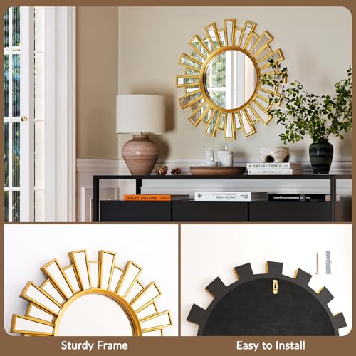 Uniclinens Modern Round Sunburst Mirror Gold - Large Boho Sunburst Mirror Wall Decor,Circle Sun Wall Decor for Bedroom Living Room Hallway Bathroom Entrance,24"