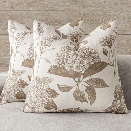 Foindtower Set of 2 Linen Floral Vintage Throw Pillow Covers Neutral Accent Decorative Cushion Covers Farmhouse Boho Home Decor for Sofa Chair Couch Bedroom Living Room,18×18 Inch,Light Brown - color: Light Brown, size: 18" x 18" (Pack of 2)