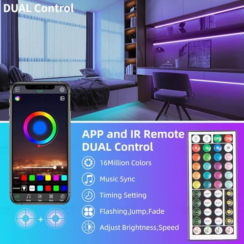 KSIPZE Led Lights for Bedroom 48ft Led Strip Lights with Remote RGB Color Changing Music Sync Bluetooth Smart App Control for Room Bedroom Lighting Flexible Home Décor - size: 48ft