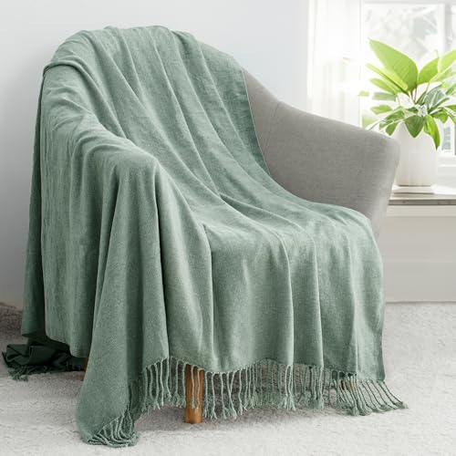 Chenille Throw Blanket for Couch with Tassels,50"X60" Soft Lightweight Knitted Boho Decorative Blankets for Bed and Sofa,Sage Green - color: Sage Green, size: 50"x60"