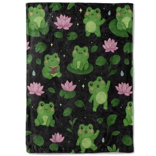 Cute Frog and Lotus Flower Fleece Blanket,40x50in,Kawaii Green Frogs Black Throw Blankets,Soft Cozy Lightweight, Ideal for Bed Living Room Home Decor,Kids Gifts - color: Frog, size: 40x50 Inch