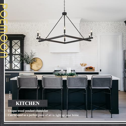 Rustic Black Farmhouse L45'' Wood Chandelier Unique Square 6-Light Candle Long Ceiling Pendant Lighting for Kitchen Living Dining Room Foyer Bedroom High Ceiling,E12 - color: Black, size: 45 inches
