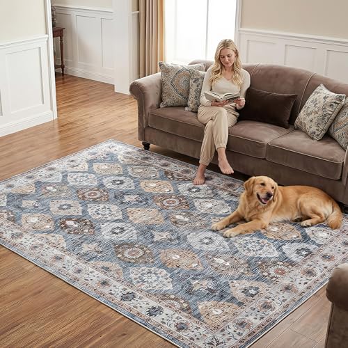 HOOBRO Washable Rug 6 x 9 Area Rugs for Living Room, Non-Slip Stain Resistant Rug, Low Pile Soft Rug Indoor Large Carpets Pet Friendly Mat, for Bedroom Kitchen Dining Room, Light Blue BU04AR01 - color: Light Blue, size: 6' x 9' (Rectangular)
