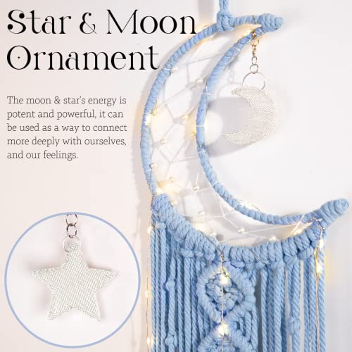 Macrame Moon Dream Catcher for Girl, Blue Boho Crescent Dreamcatcher for Bedroom Adult, Handmade Nursery Room Wall Hanging with Star Pendant for Teen Boy, Bohemian Home Decoration Idea - color: Baby Blue, size: Without Light