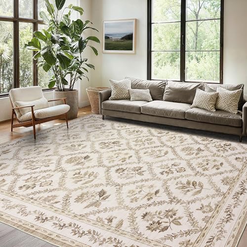 Area Rug Tan 6x9 Boho Floral Washable Area Rug Non Slip Carpet Floor Indoor for Living Room, Machine Washable Floor Covering for Geust Bedroom, Brown Counrty Floral for Dining Room - color: Tan Brown, size: 6' x 9' (Rectangular)