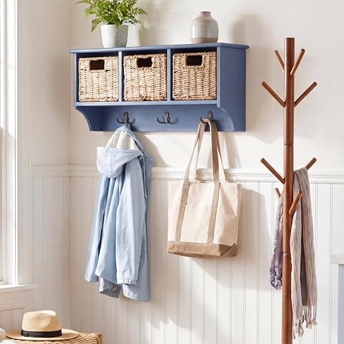 SAFAVIEH Home Collection - Finley Blue Wall Mounted 3-Basket Storage Rack with Hooks & Seagrass Baskets (HAC5700F) - color: Blue