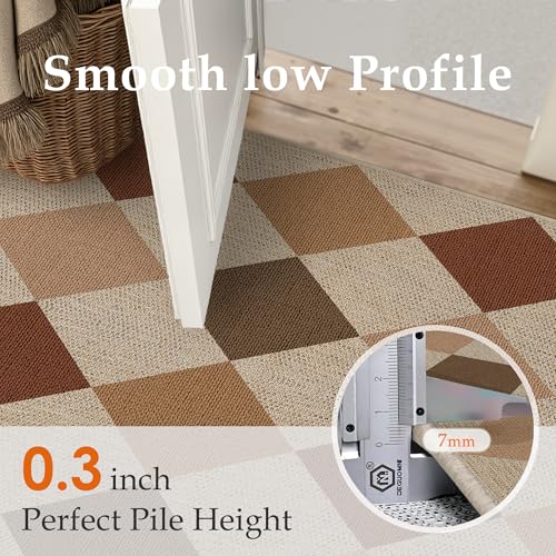 PureCozy 2x8 Checkered Easy Jute Runner Rug Non Slip Hallway Kitchen Washable Outdoor Rug for Entryway Indoor Checkerboard Brown-Beige Long Indoor Outdoor Carpet for Bedside Entry Front Door Porch - color: Multi Brown|checkerboard-1, size: 2' x 8' (Runner