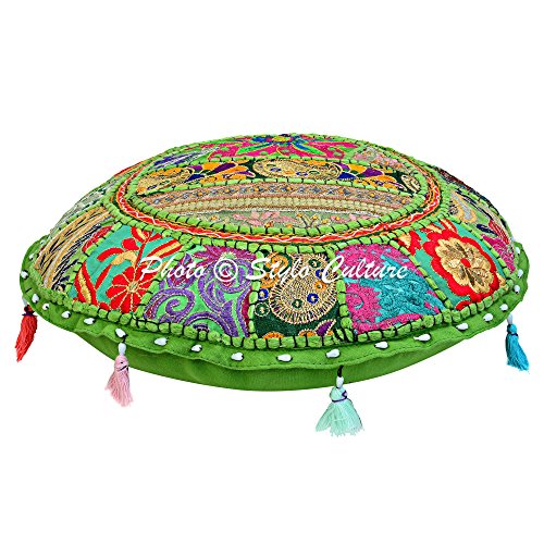 Indian Pillow Seats for Floor Vintage Bohemian Patchwork Boho Cushion Cover Parrot Green Round Throw Pillow 18 Small Decorative Decor Seating Tuffet Footstool Cotton Embroidered 1 Pc - color: Parrot Green
