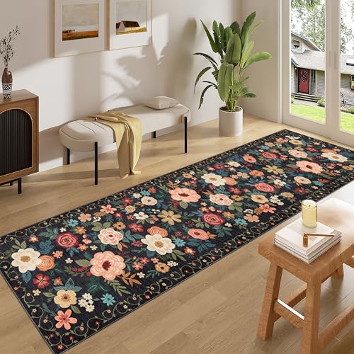 DUKINO 2x8 Runner Rug for Hallway, Washable Kitchen Runner Rug with Rubber Backing Non Slip, Low Pile Soft Boho Floral Thin Carpet for Entryway, Hallway, Bathroom, Laundry Room, Black - color: Black, size: 2' x 8' (Rectangular)