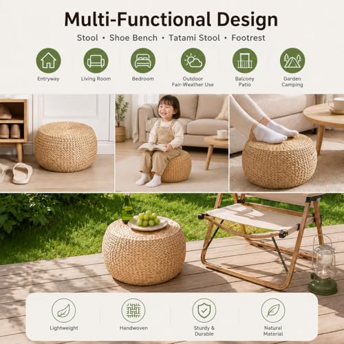 Small Straw Round Pouf Ottoman, Natural Mini Solid Wood Footrest, Boho Low Tatami Footstool for Living Room Bedroom Patio, 12.2"×12.2"×8.7", Ideal for Foot Rest or Temporary Seating