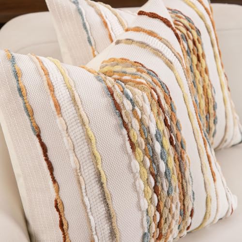 Boho Striped Throw Pillow Covers 18x18 Inch Set of 2 Farmhouse Square Decorative Pillow Covers Chenille Tufted Accent Neutral Pillowcase Yellow Cushion Cover for Living Room Couch Sofa Bed - color: Yellow
