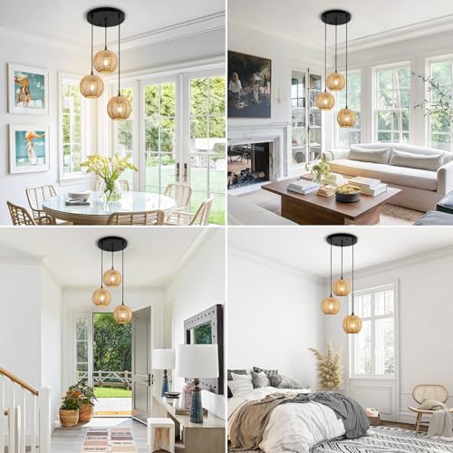Round 3 Light Boho Pendant Light Rattan Hanging Lamp Hand Woven Wicker Small Chandelier Hanging Lights Fixture for Bedroom Kitchen Hallway Foyer - size: Round 3 Lights