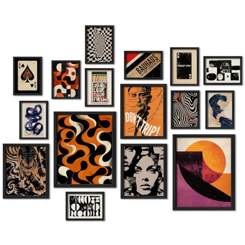 ANERZA 16 PCS Framed Retro 70s Wall Art Decor, Eclectic Vintage Wall Prints for Bedroom, Gallery Wall Frame Set, Abstract Posters for Living Room Aesthetic, Collage Kit, 60s 80s 90s Dorm Home Artwork - color: Orange, size: 12"x15" Framed