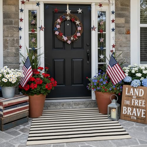 LEEVAN Black and White Striped Rug Doormat 2x3 Washable Front Porch Rug Farmhouse Layered Door Mats Outdoor Cotton Hand Woven Throw Carpet for Entryway/Front Steps/Bathroom/Home Entrance - color: Black and White, size: 2' x 3' (Rectangular)