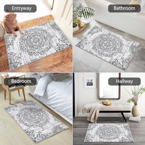HEBE Indoor Door Mat 2'x3', Washable Distressed Boho Small Area Rug, Non Slip Vintage Accent Throw Rug Floor Carpet for Door Entrance, Entryway, Kitchen, Bathroom - color: Grey, size: 2' x 3' (Rectangular)