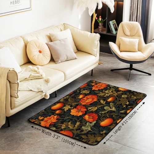 Erosebridal Boho Floral Area Rug 4'11" x 3'3" Vintage Leaves Living Room Rugs Nature Wild Botanical Decorative Carpet Orange Green Indoor Floor Mat - color: Black Orange, size: 3'3" x 4'11" (Rectangular)