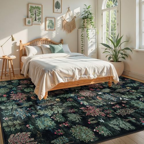 Beeiva 8x10 Rugs for Living Room, Dark Green Large Vintage Forest 8x10 Area Rugs for Bedroom, Soft Low Pile Stain Resistant Botanical Washable Rug Carpet for Playroom Home Décor(Dark Green,8x10ft - color: Dark Green-forest, size: 8' x 10' (Rectangular)