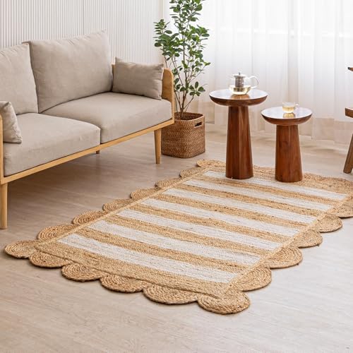 HOMEMONDE Scallop Jute Area Rug - 5'x8' Natural Fiber Boho Farmhouse Style Décor - Handmade Rustic Vintage Braided Area Rug for Bedroom, Living Room, Dining Area, Kitchen - size: 5' x 8' (Rectangular)