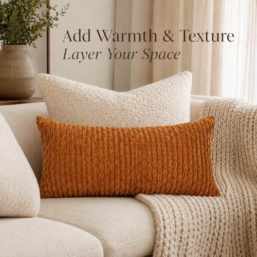 JoraLion 12x24 Boho Decorative Lumbar Throw Pillow Cover, Rust Cozy Soft Striped Corduroy Long Rectangle Cushion Case Accent Home Decor for Sofa Bed Room Livingroom, ONLY Cover - color: Rust, size: 24" x 12" (Pack of 1)