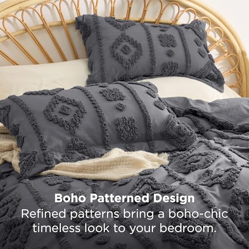 Bedsure Boho Tufted Grey Comforter Set Queen Size, GentleSoft™ 3 Pieces Boho Farmhouse-Style Decor Bedding, Exquisite Bedding for All Seasons, 1 Bed Comforter, 2 Pillow Shams, 90x90 Inches - color: 03 - Distressed Vintage Dark Grey, size: Queen (90" x 90"