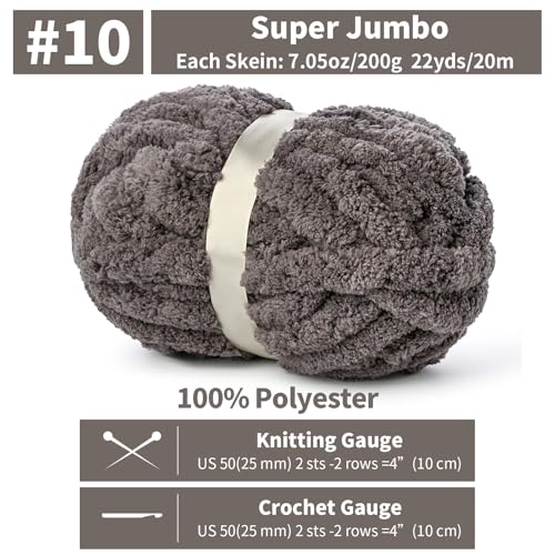 10 Pack Jumbo Chenille Yarn for Crocheting, #10 Super Bulky Baby Soft Yarn for Hand Knitting, 220 yds /70.5 oz Fluffy Chunky Knit Throw Blanket Yarn (Dark Grey) - color: Dark Grey