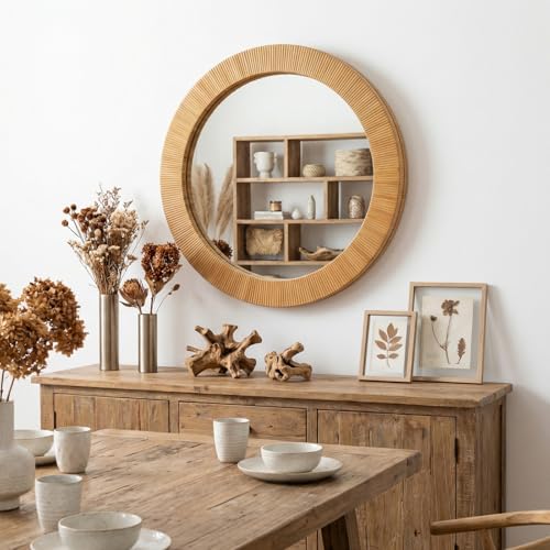Round Rattan Wall Mirror for Bathroom 24 Inch Decorative Boho Circle Wicker Mirror Farmhouse Nature Wood Frame Woven Mirror for Bedroom Living Room Entryway - size: 24"L x 24"W