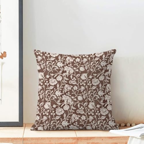 Brown Floral Throw Pillow Covers 18x18 Set of 2, Flower Print Linen Decorative Pillow Covers Neutral Vintage Decoration Outdoor Cushion Cover Floral Pillowcase for Sofa Couch Farmhouse Room - color: Print Brown, size: 18" x 18" (Pack of 2)