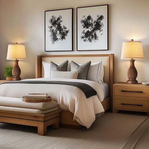 PARTPHONER Table Lamps Set of 2, Bedside Touch Lamp with USB C+A Charging Ports, Side Table Lamp with Linen Fabric Shade (LED Bulbs Included), Wood - size: Wood 22.6" Touch Lamp