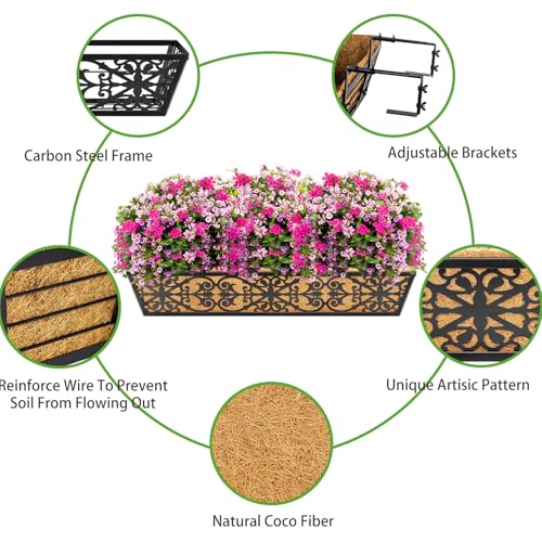 4 Pack 30 Inch Window Boxes Planters Railing Planter Box with Adjustable Brackets & Coco Liners Fabric Plant Grow Bags Deck Railing Planter Boxes Balcony Hanging Flower Box for Outdoor Plants - color: 4 Pack-black, size: 30 Inch