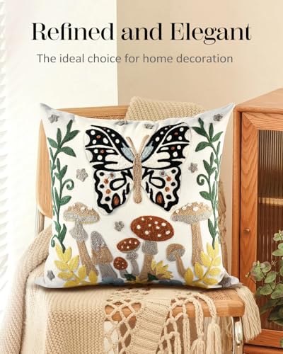 Embroidered Throw Pillow Cover - 18x18 Decorative Pillow Cover with Zipper Aesthetic Cute Design Boho Spring Summer Throw Pillowcase for Living Room Couch Sofa Bed, Butterfly Moon - color: Butterfly Moon, size: 18" x 18" (Pack of 1)