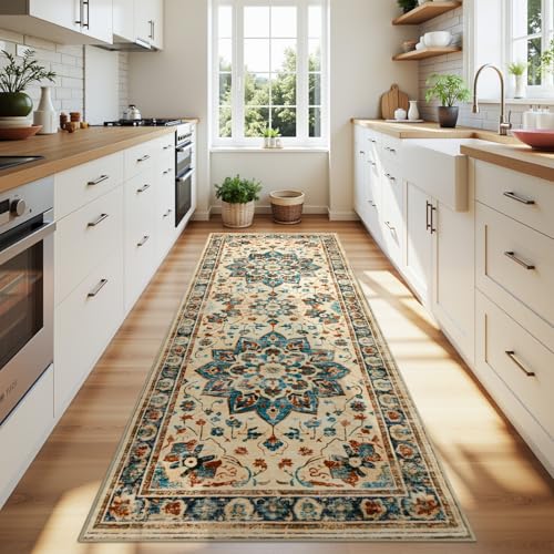 Joydeco Washable 2x6 Hallway Runner Vintage, Beige & Blue & Reddish-Brown | Water Resistant Low Pile Non Slip Backing for Kitchen Entryway Bedroom Bathroom Dining Room - color: Beige&blue&reddish-brown, size: 2' x 6' (Runner)