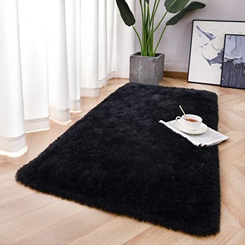 Chicrug Soft Area Rugs for Bedroom Living Room Plush Fluffy Rug 2x4 Feet, Shag Furry Area Rug Carpet Non Shedding for Nursery Children Kids Girls Room Home Decorative, Black - color: Black, size: 2' x 4' (Runner)