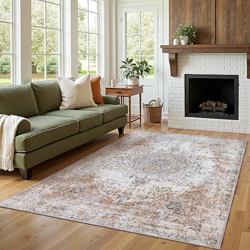 jinchan Area Rug 5x7 Washable Living Room Rug Vintage Traditional Distressed Lightweight Thin Retro Indoor Floor Cover Non Slip Floral Carpet for Bedroom Dining Room Bathroom Kitchen Office Taupe - color: Vintage Taupe, size: 5' x 7' (Rectangular)
